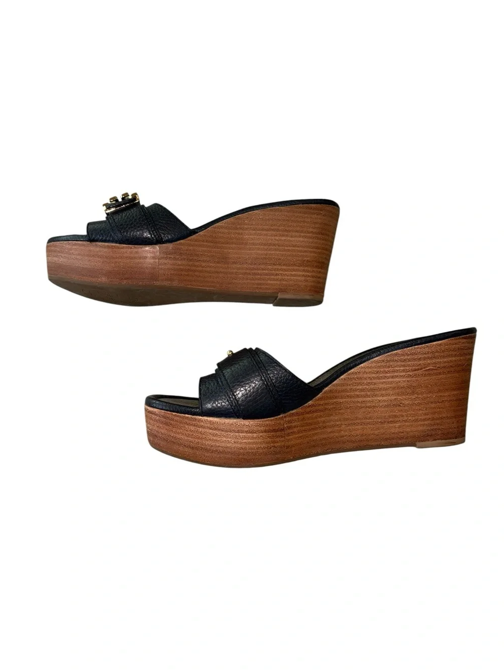 Tory Burch Elina Black Leather Gold Logo Plstform Wedge Sandals - 8.5